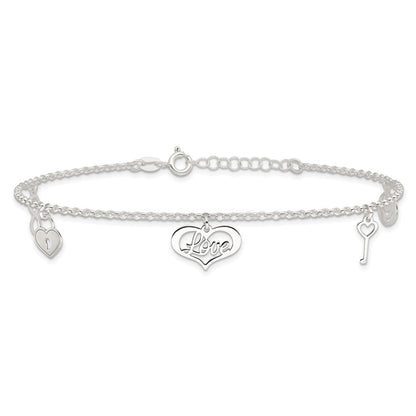 Sterlingsilber Liebe Themed Dangles 9 Zoll Plus 1 Zoll Verlängerung. Fußkettchen