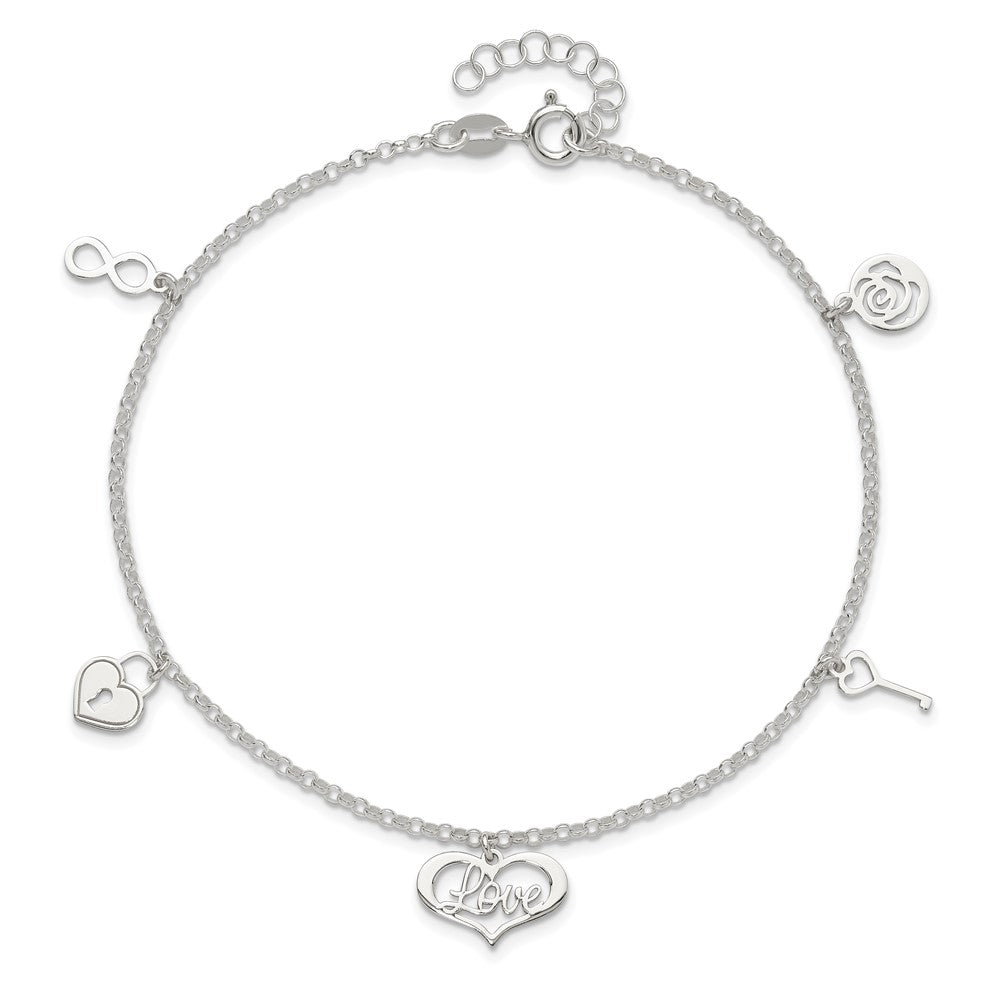 Sterlingsilber Liebe Themed Dangles 9 Zoll Plus 1 Zoll Verlängerung. Fußkettchen