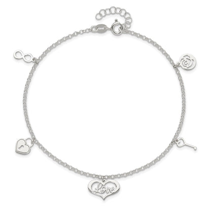 Sterlingsilber Liebe Themed Dangles 9 Zoll Plus 1 Zoll Verlängerung. Fußkettchen