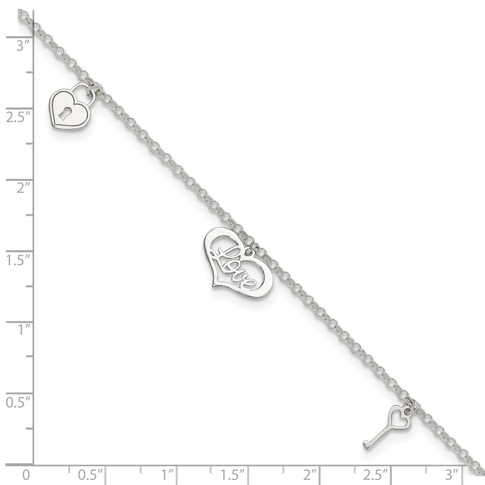 Sterlingsilber Liebe Themed Dangles 9 Zoll Plus 1 Zoll Verlängerung. Fußkettchen