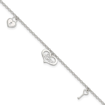 Sterlingsilber Liebe Themed Dangles 9 Zoll Plus 1 Zoll Verlängerung. Fußkettchen