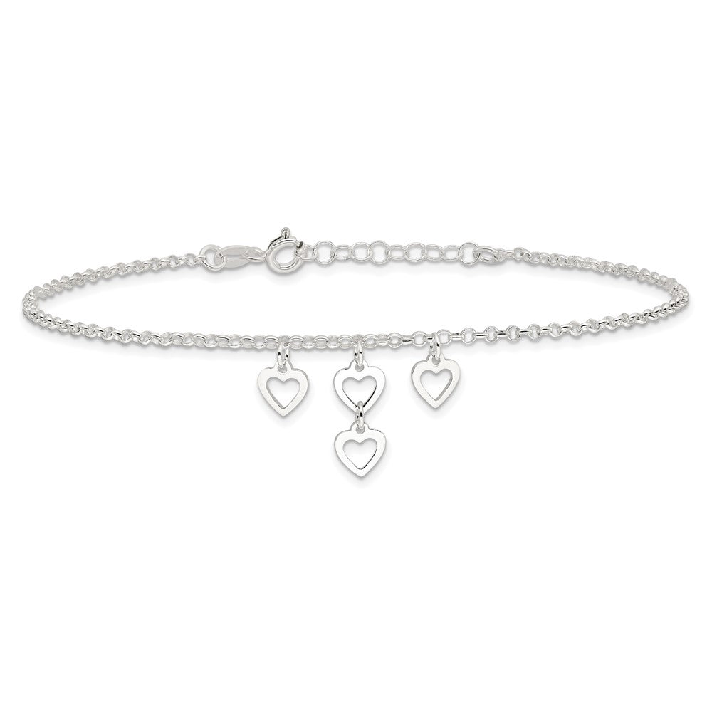 Sterlingsilber Offen Herz Dangles 9 Zoll Plus 1 Zoll Verlängerung. Fußkettchen