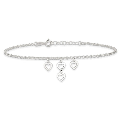 Sterlingsilber Offen Herz Dangles 9 Zoll Plus 1 Zoll Verlängerung. Fußkettchen