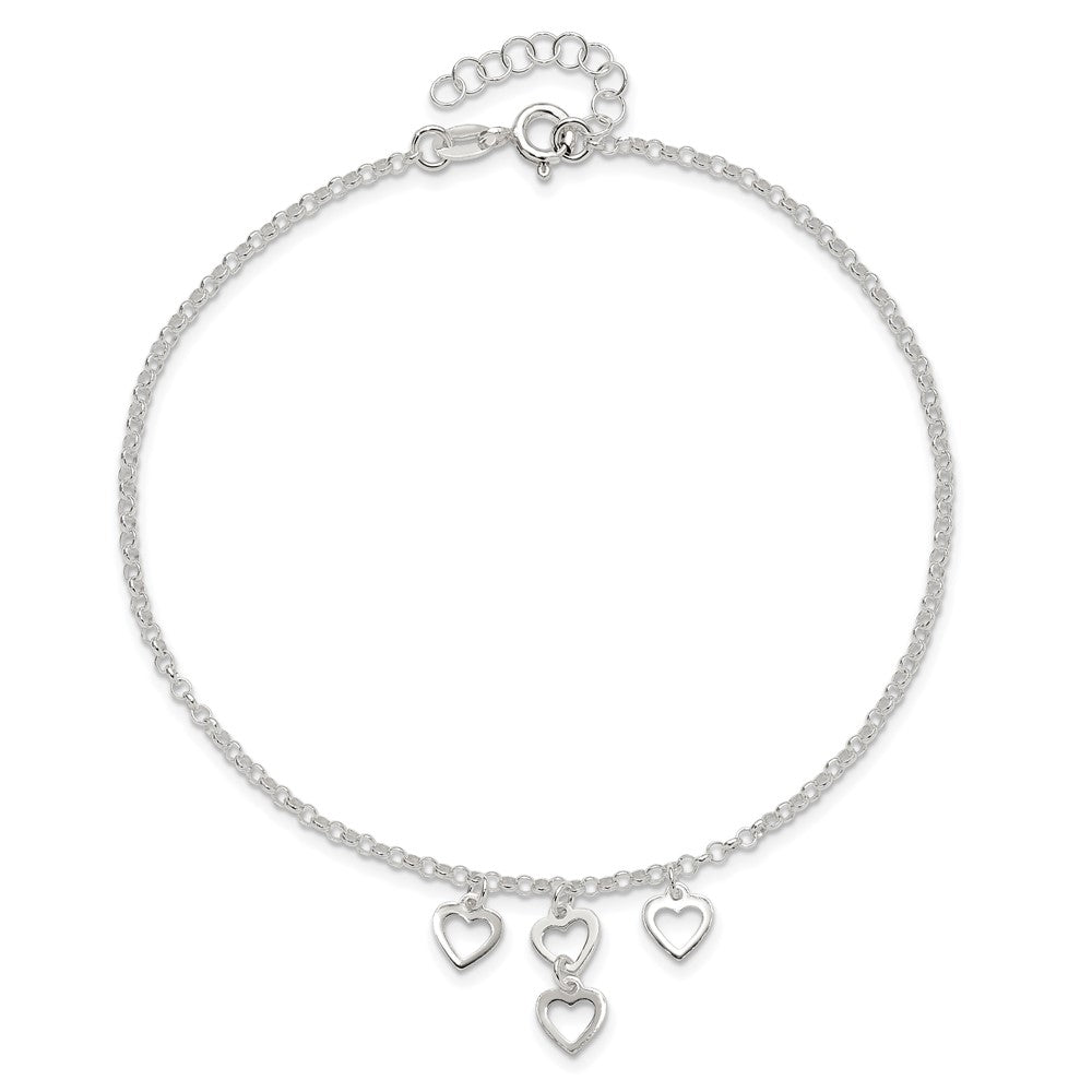 Sterlingsilber Offen Herz Dangles 9 Zoll Plus 1 Zoll Verlängerung. Fußkettchen
