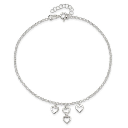 Sterlingsilber Offen Herz Dangles 9 Zoll Plus 1 Zoll Verlängerung. Fußkettchen