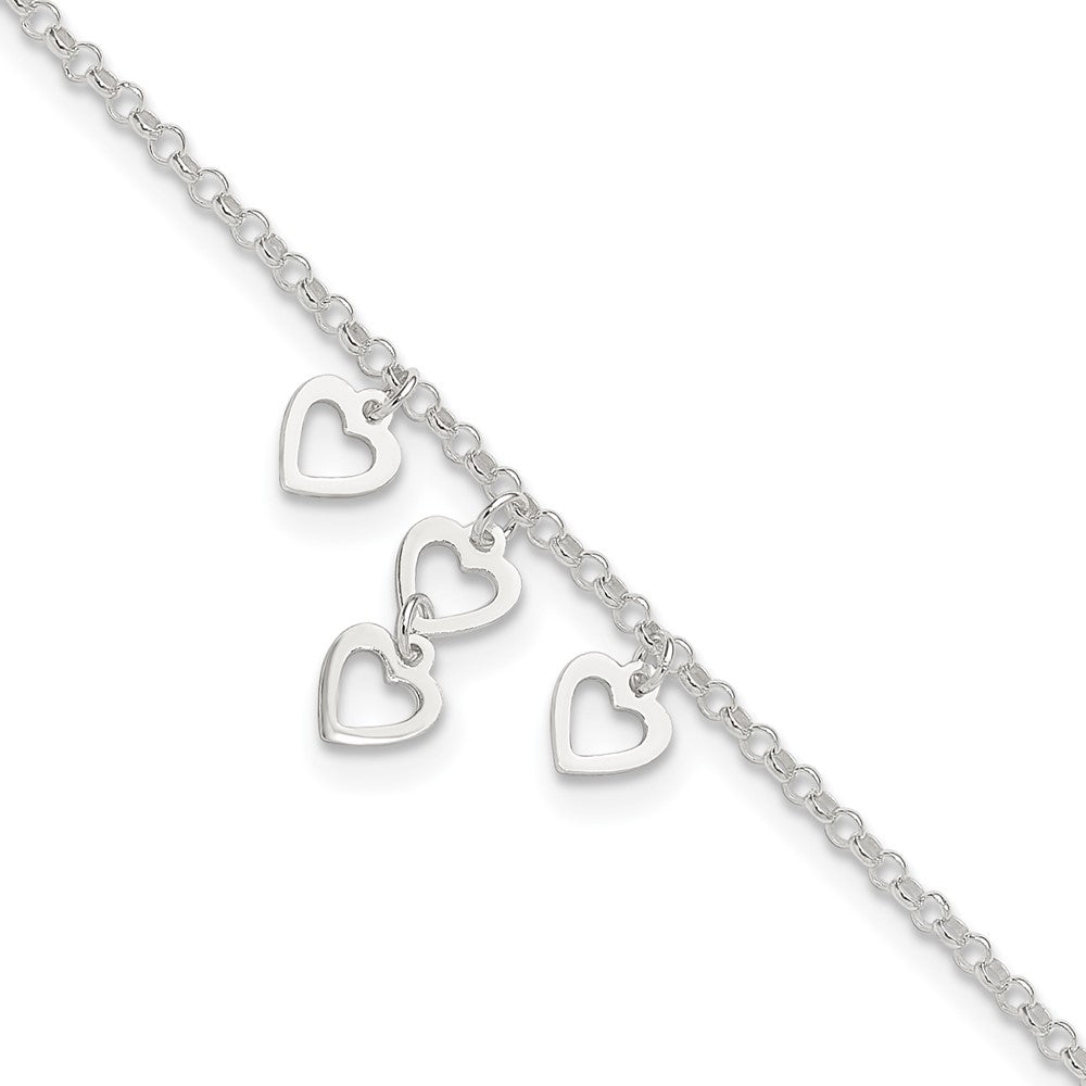 Sterlingsilber Offen Herz Dangles 9 Zoll Plus 1 Zoll Verlängerung. Fußkettchen