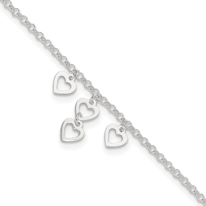 Sterlingsilber Offen Herz Dangles 9 Zoll Plus 1 Zoll Verlängerung. Fußkettchen