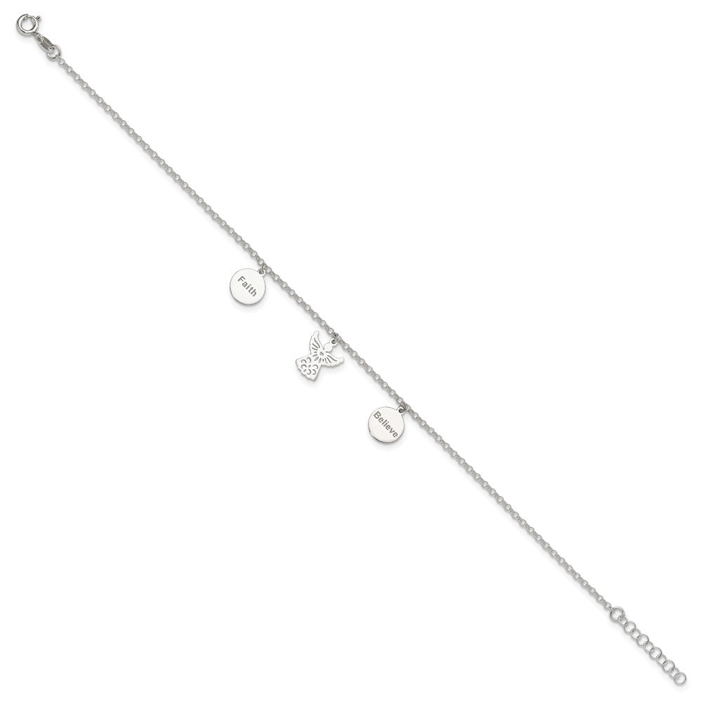 Sterlingsilber Glaube, Glaube und Engel Dangles 9 Zoll Plus 1 Zoll Verlängerung. Fußkettchen