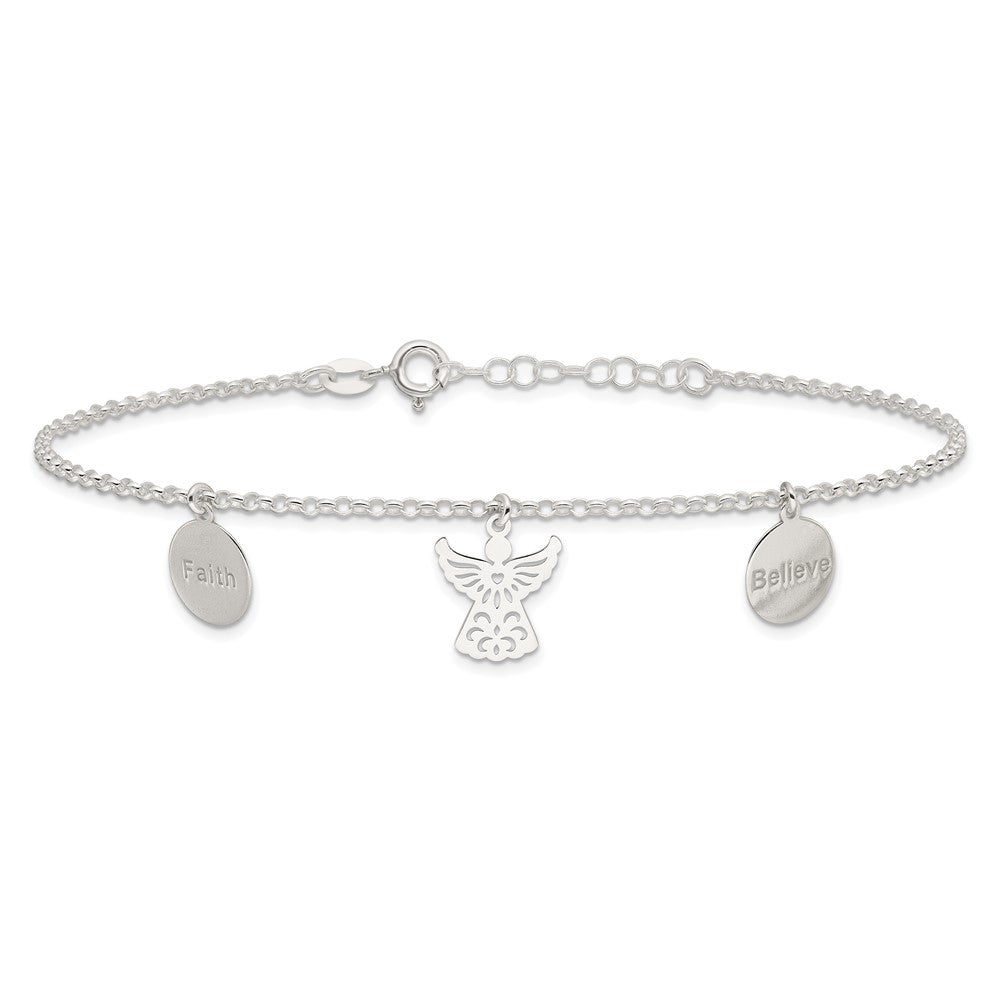 Sterlingsilber Glaube, Glaube und Engel Dangles 9 Zoll Plus 1 Zoll Verlängerung. Fußkettchen