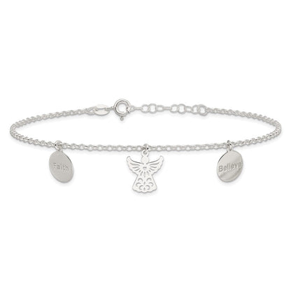 Sterlingsilber Glaube, Glaube und Engel Dangles 9 Zoll Plus 1 Zoll Verlängerung. Fußkettchen