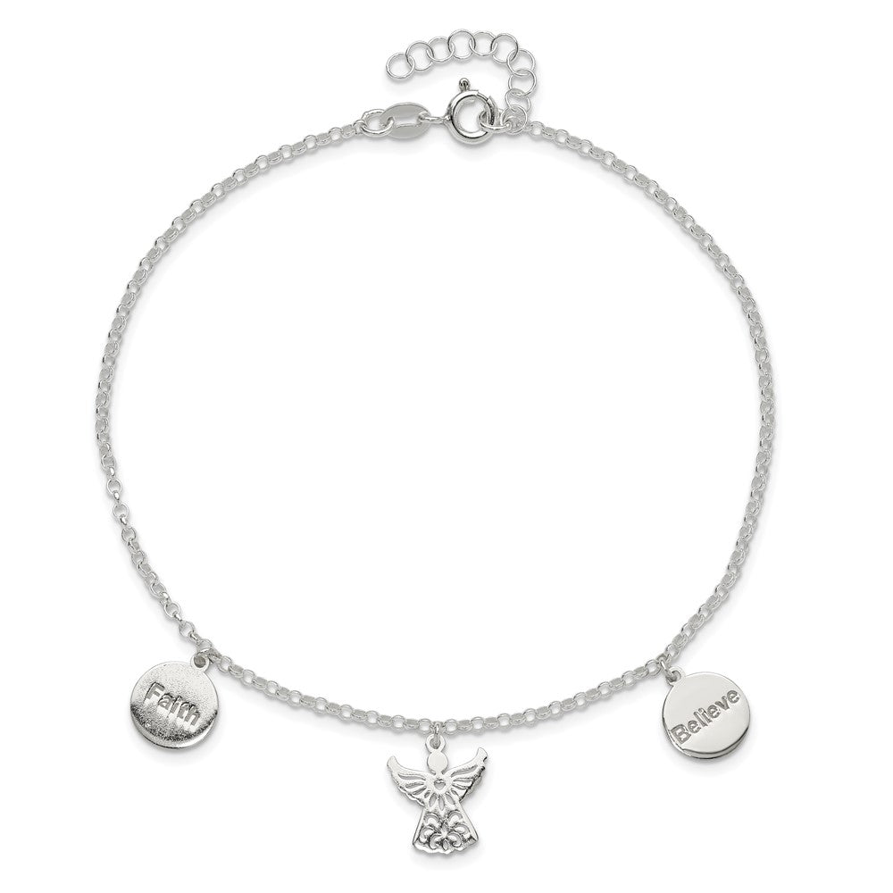 Sterlingsilber Glaube, Glaube und Engel Dangles 9 Zoll Plus 1 Zoll Verlängerung. Fußkettchen