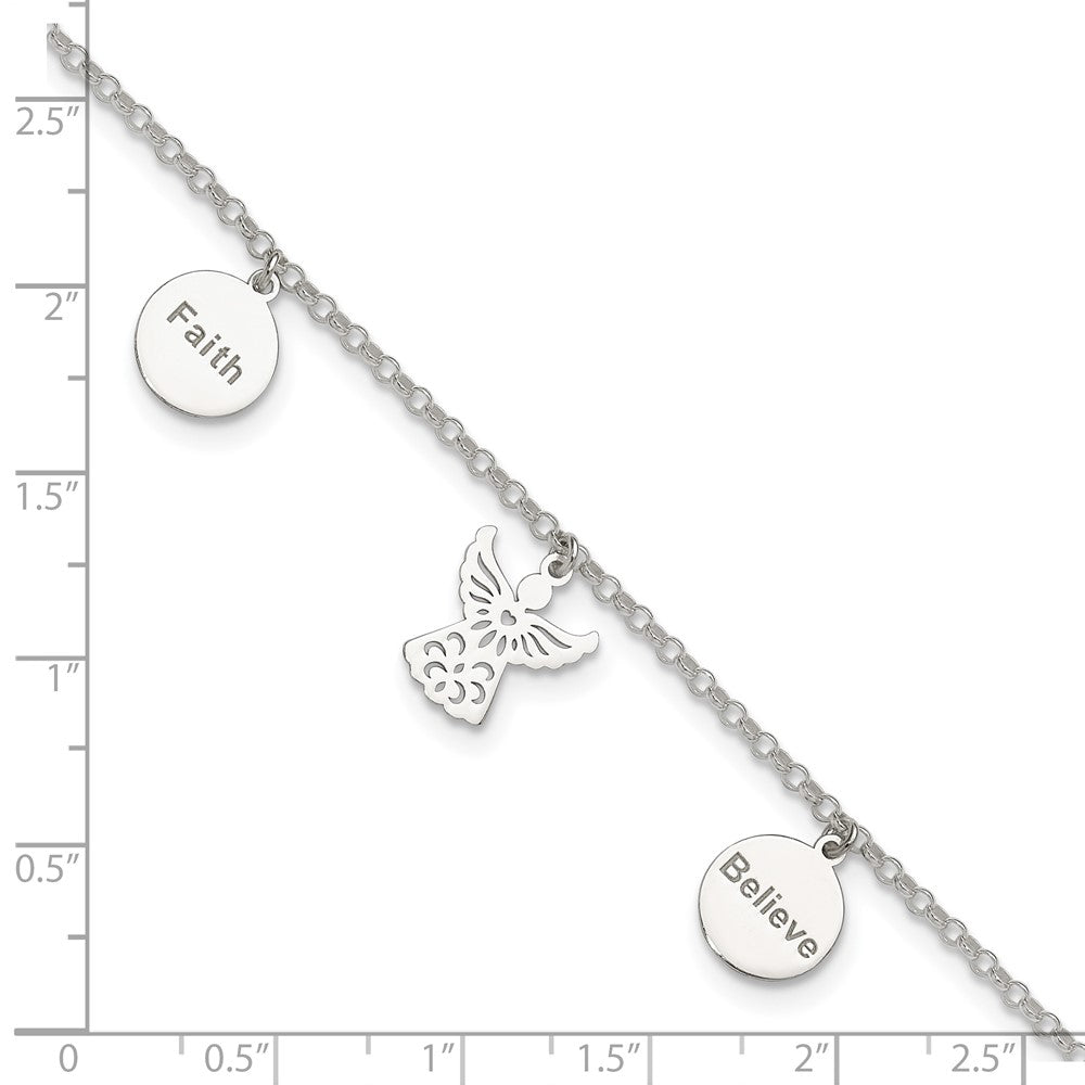 Sterlingsilber Glaube, Glaube und Engel Dangles 9 Zoll Plus 1 Zoll Verlängerung. Fußkettchen