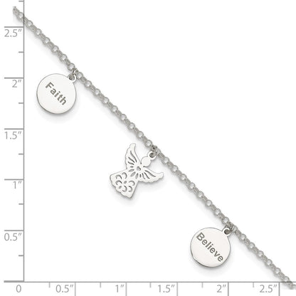 Sterlingsilber Glaube, Glaube und Engel Dangles 9 Zoll Plus 1 Zoll Verlängerung. Fußkettchen
