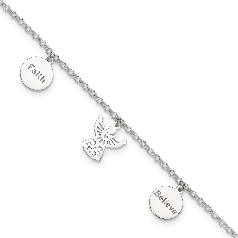 Sterlingsilber Glaube, Glaube und Engel Dangles 9 Zoll Plus 1 Zoll Verlängerung. Fußkettchen