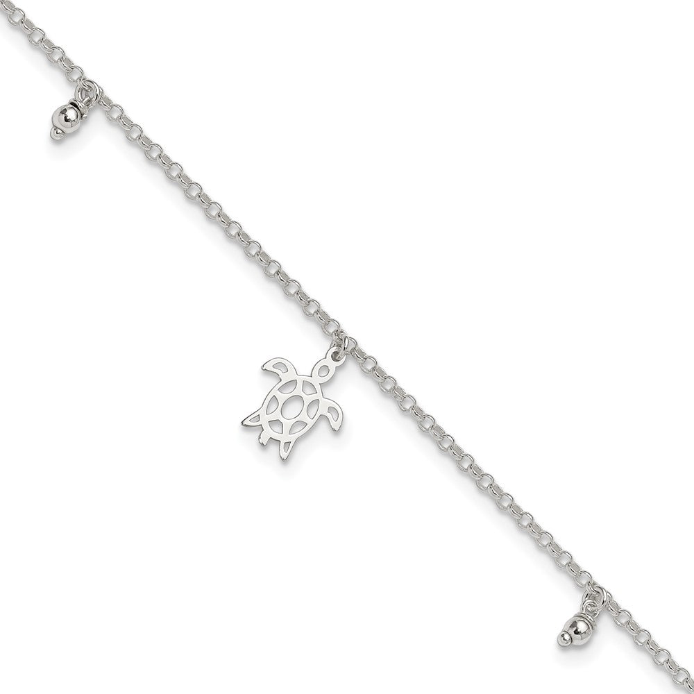 Sterlingsilber Schildkröte Hängend Perlen 9 Zoll Plus 1 Zoll Verlängerung. Fußkettchen