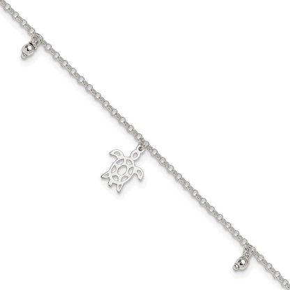 Sterlingsilber Schildkröte Hängend Perlen 9 Zoll Plus 1 Zoll Verlängerung. Fußkettchen