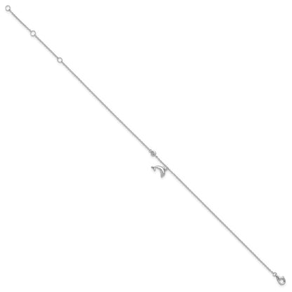 Sterlingsilber Rhodiniert Poliert Zirkonia Delfin 9 Zoll mit A 2 Extention Fußkettchen