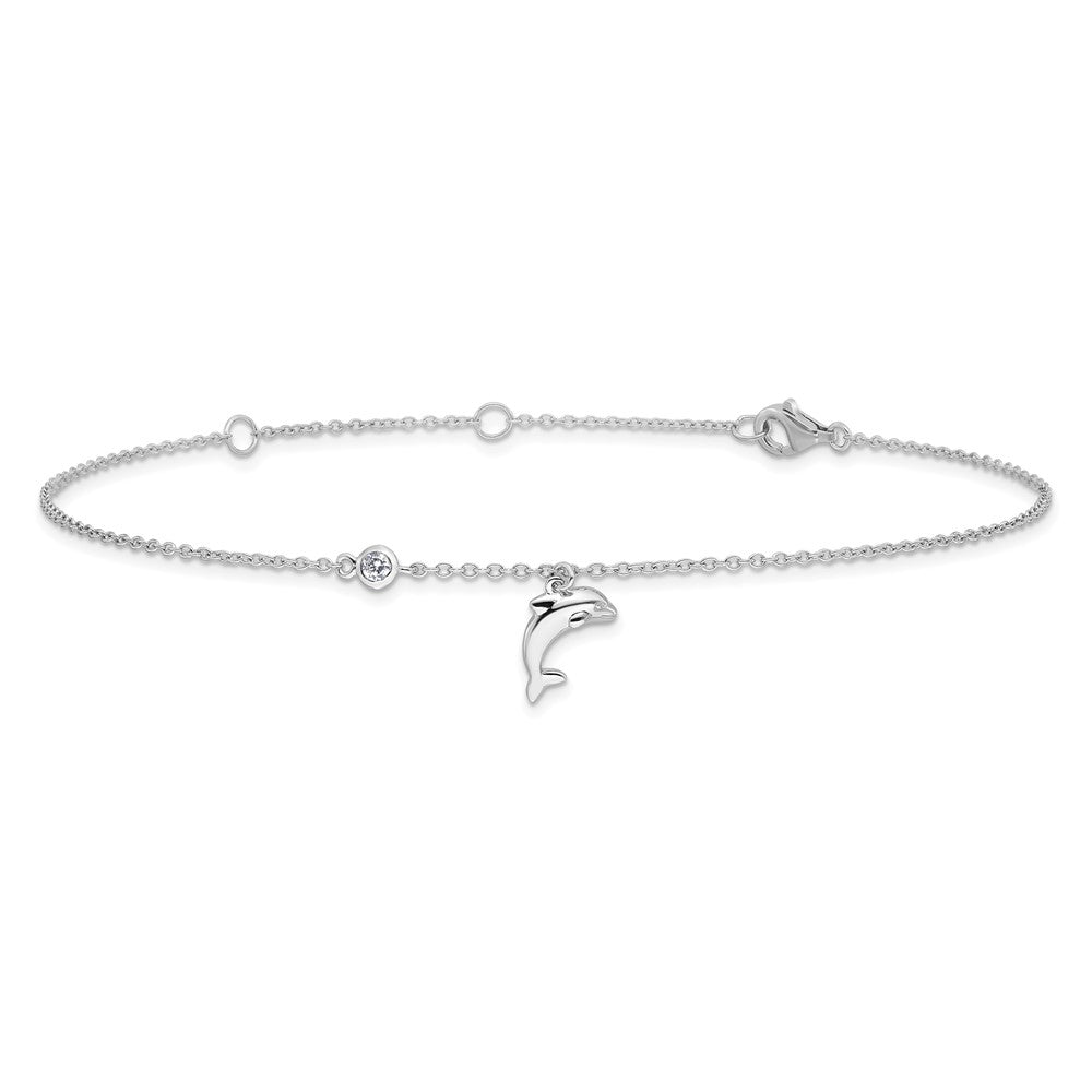 Sterlingsilber Rhodiniert Poliert Zirkonia Delfin 9 Zoll mit A 2 Extention Fußkettchen