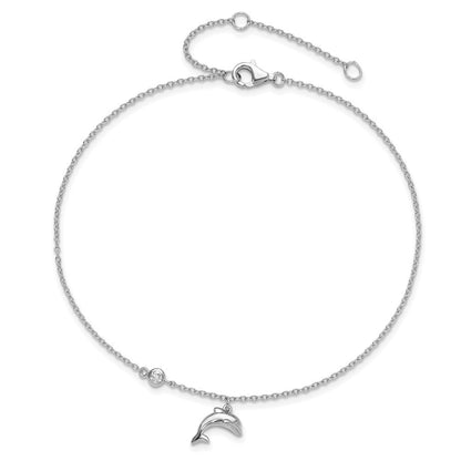 Sterlingsilber Rhodiniert Poliert Zirkonia Delfin 9 Zoll mit A 2 Extention Fußkettchen