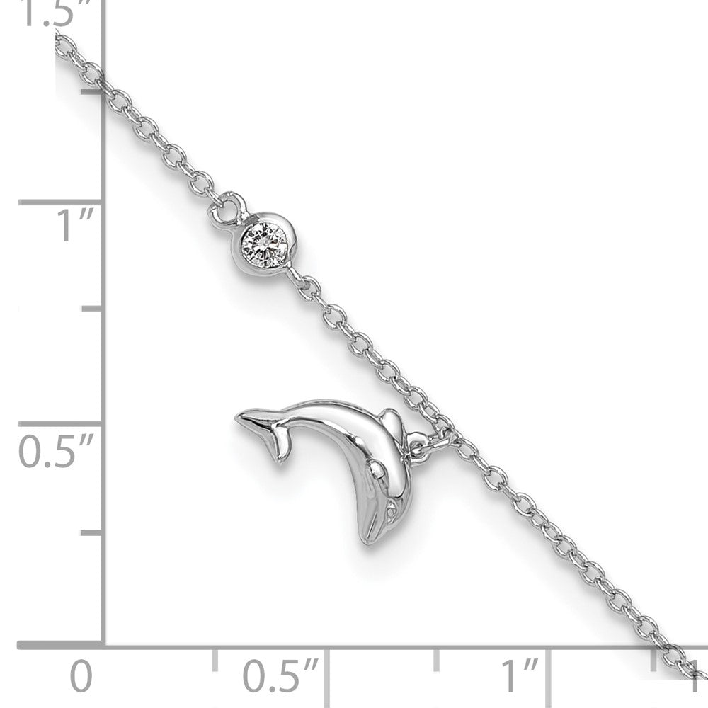 Sterlingsilber Rhodiniert Poliert Zirkonia Delfin 9 Zoll mit A 2 Extention Fußkettchen