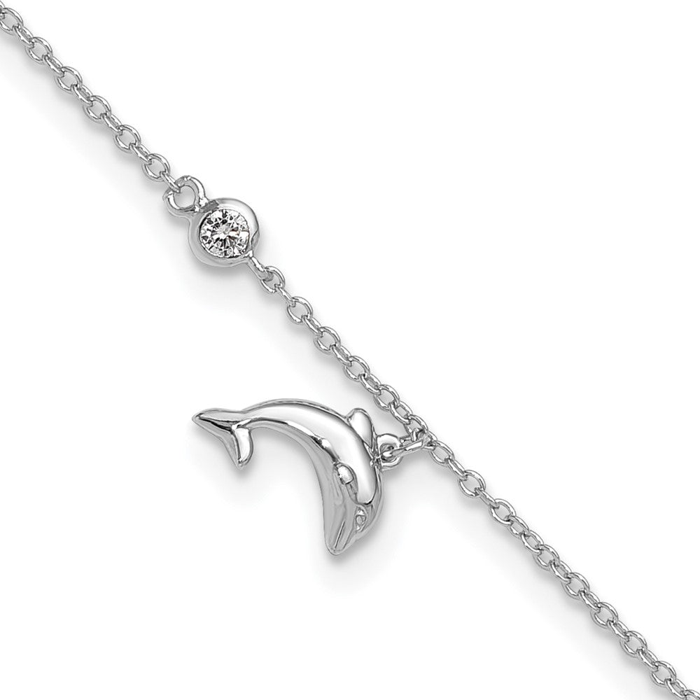 Sterlingsilber Rhodiniert Poliert Zirkonia Delfin 9 Zoll mit A 2 Extention Fußkettchen