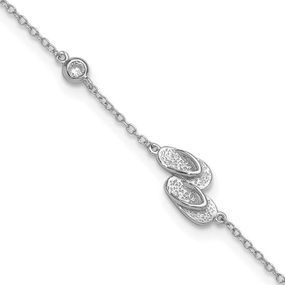 Sterlingsilber Rhodiniert Poliert Zirkonia Flip Flops 9 Zoll mit A 2 Extention Fußkettchen