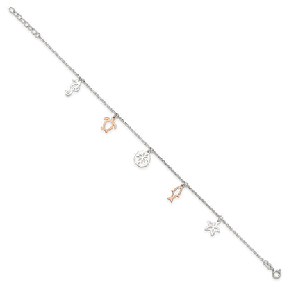 Sterlingsilber Roséfarben Seashore Dangles 9 Zoll Plus 1 Zoll Verlängerung. Fußkettchen