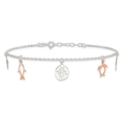 Sterlingsilber Roséfarben Seashore Dangles 9 Zoll Plus 1 Zoll Verlängerung. Fußkettchen