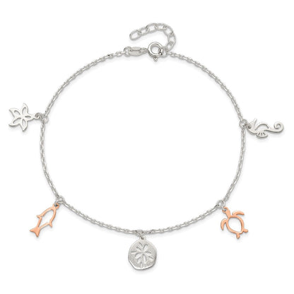 Sterlingsilber Roséfarben Seashore Dangles 9 Zoll Plus 1 Zoll Verlängerung. Fußkettchen