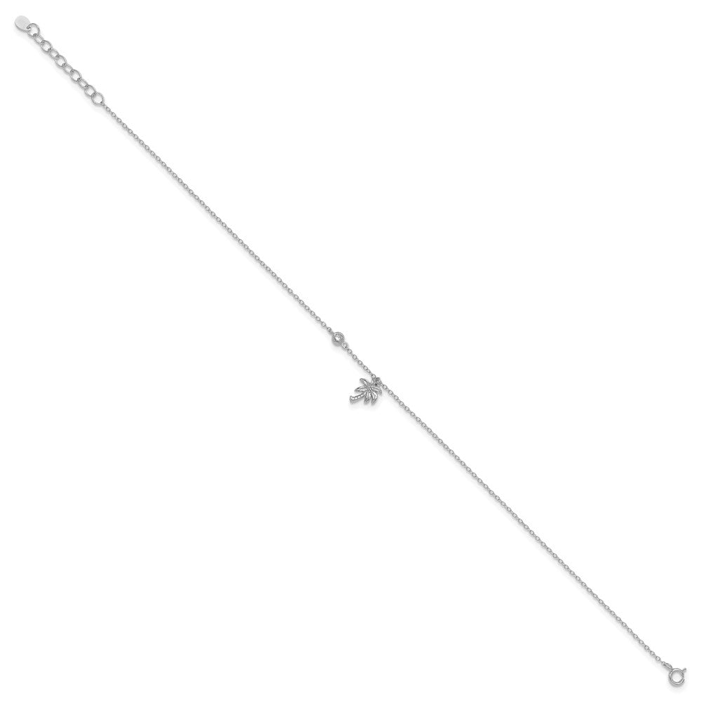 Sterlingsilber Rhodiniert Zirkonia und Palme Baum 9 Zoll Plus 1 Zoll Verlängerung. Fußkettchen