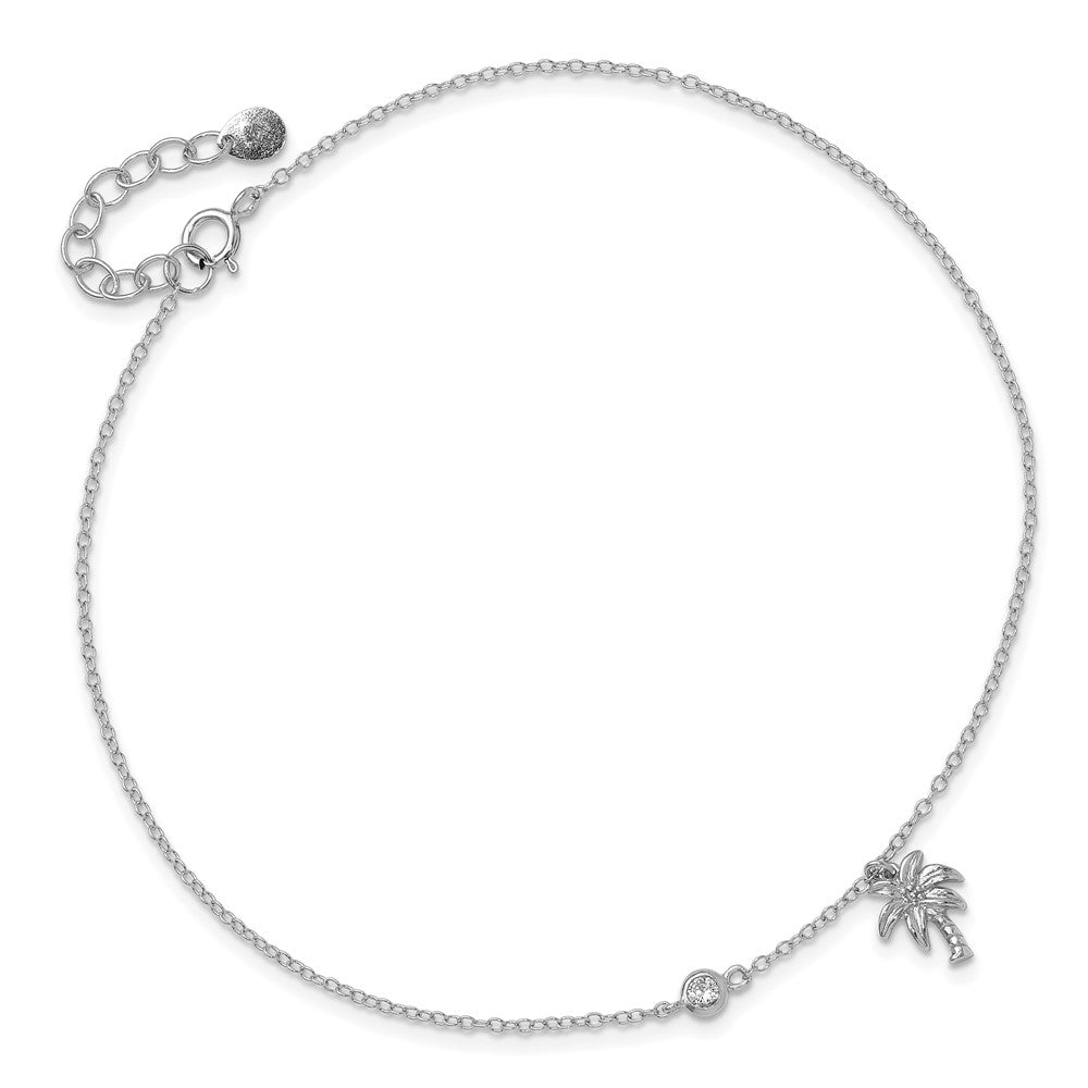 Sterlingsilber Rhodiniert Zirkonia und Palme Baum 9 Zoll Plus 1 Zoll Verlängerung. Fußkettchen