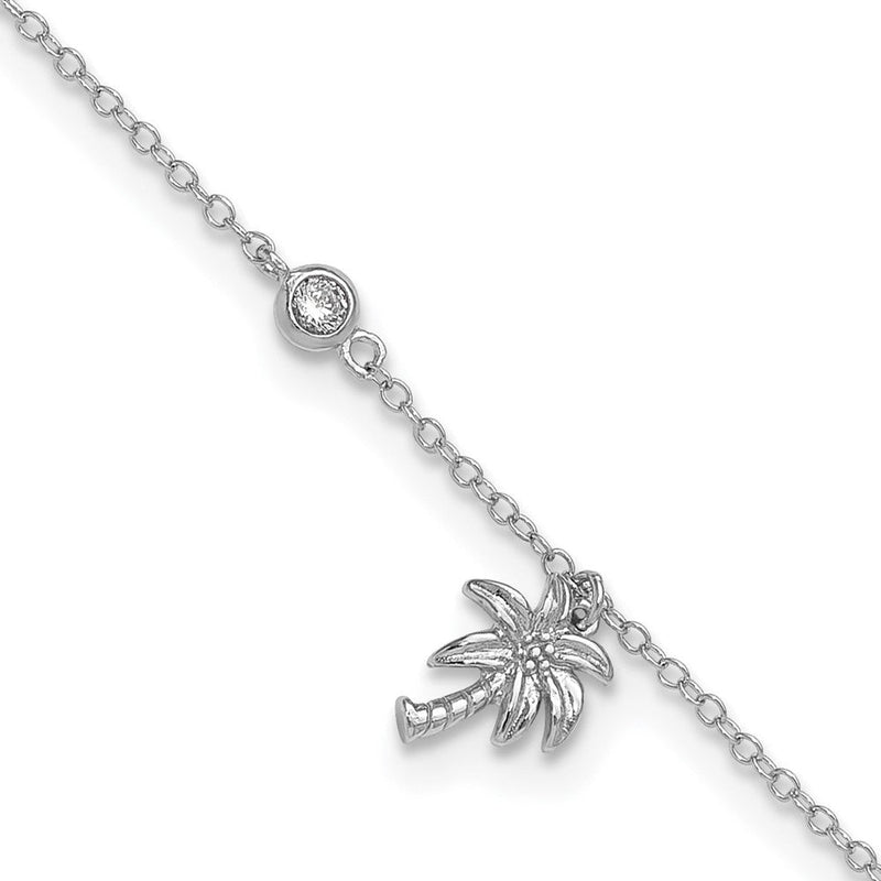 Sterlingsilber Rhodiniert Zirkonia und Palme Baum 9 Zoll Plus 1 Zoll Verlängerung. Fußkettchen