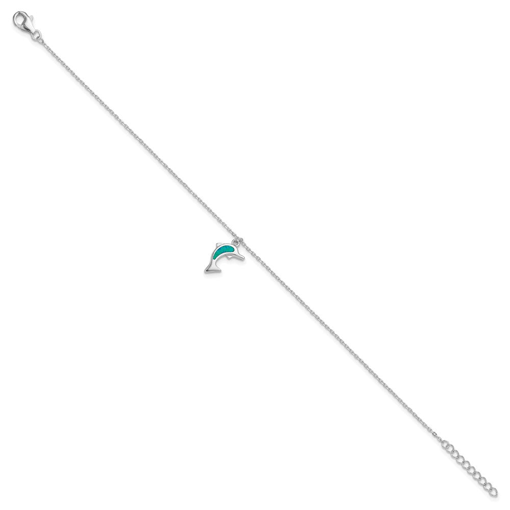 Sterlingsilber Rhodiniert Erzeugt Opal Delfin 9 Zoll mit An 1 Extention Fußkettchen