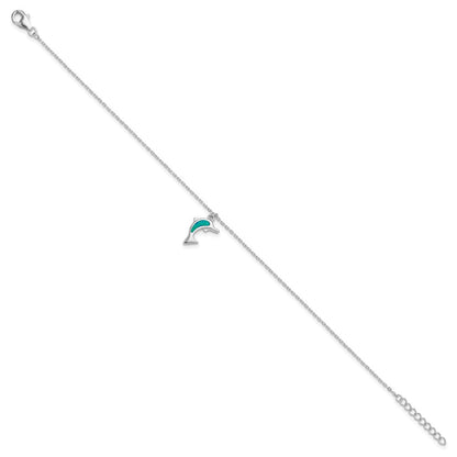 Sterlingsilber Rhodiniert Erzeugt Opal Delfin 9 Zoll mit An 1 Extention Fußkettchen