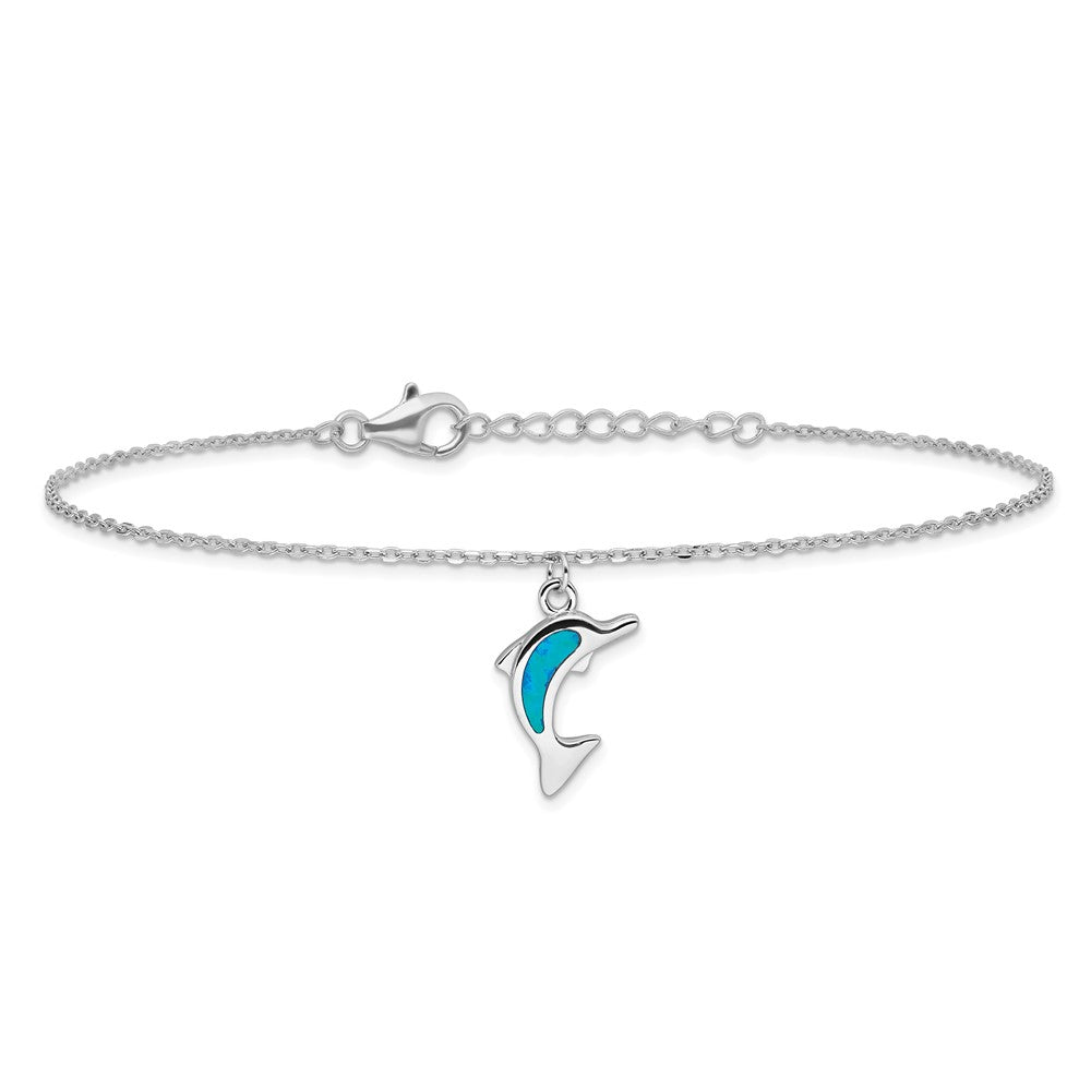 Sterlingsilber Rhodiniert Erzeugt Opal Delfin 9 Zoll mit An 1 Extention Fußkettchen