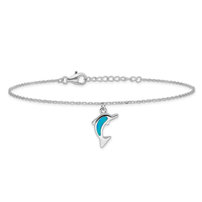 Sterlingsilber Rhodiniert Erzeugt Opal Delfin 9 Zoll mit An 1 Extention Fußkettchen