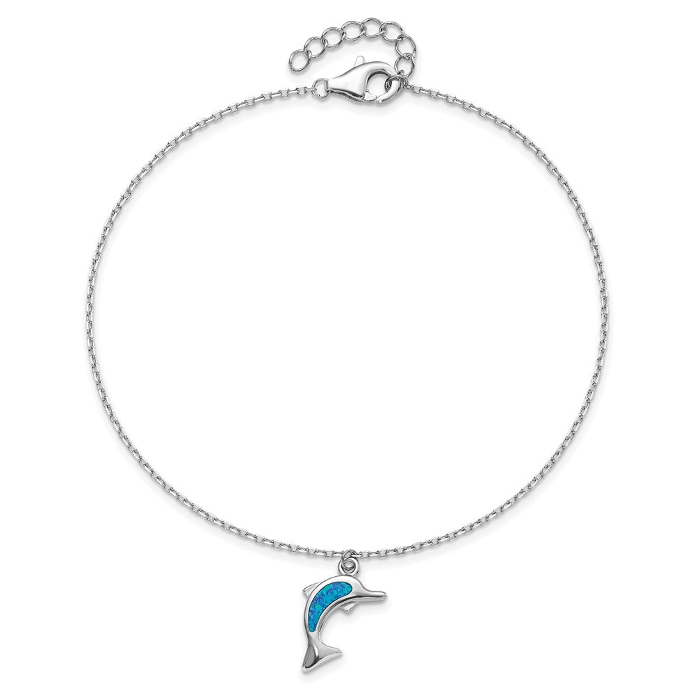 Sterlingsilber Rhodiniert Erzeugt Opal Delfin 9 Zoll mit An 1 Extention Fußkettchen