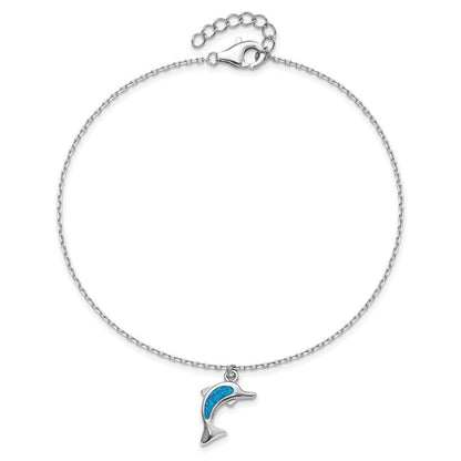 Sterlingsilber Rhodiniert Erzeugt Opal Delfin 9 Zoll mit An 1 Extention Fußkettchen