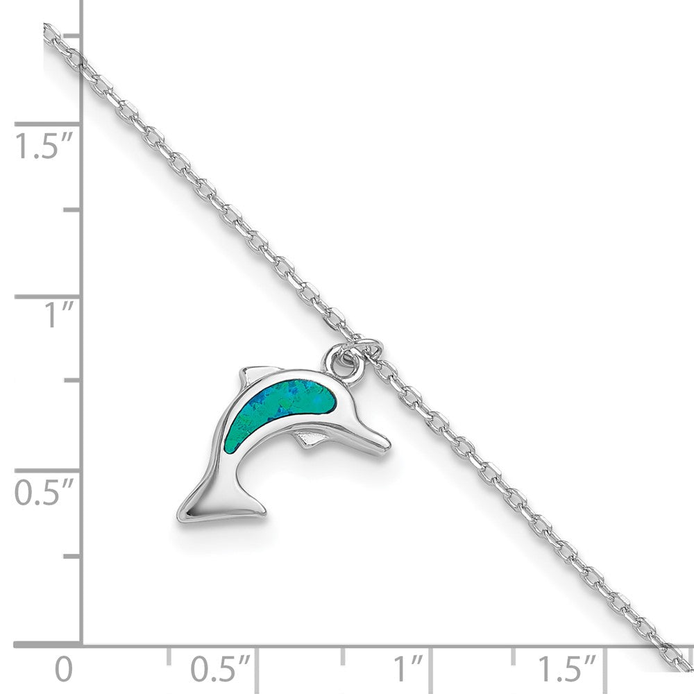 Sterlingsilber Rhodiniert Erzeugt Opal Delfin 9 Zoll mit An 1 Extention Fußkettchen