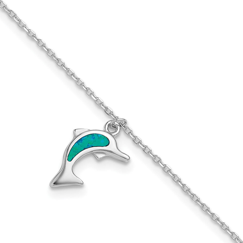Sterlingsilber Rhodiniert Erzeugt Opal Delfin 9 Zoll mit An 1 Extention Fußkettchen