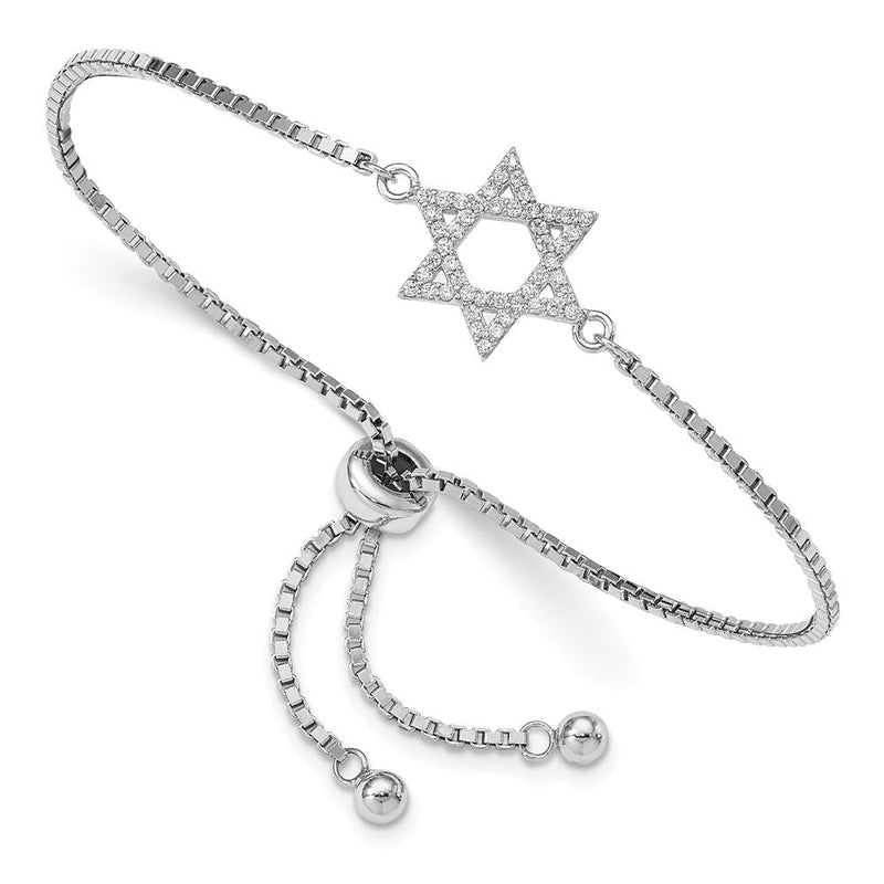 9.75 Zoll Sterlingsilber Rhodiniert Zirkonia Stern Of David Verstellbar Armband