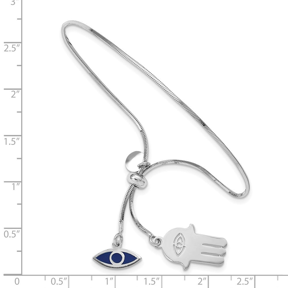 8.5 Zoll Sterlingsilber Rhodiniert Emaille Auge und Hamsa Verstellbar Armband