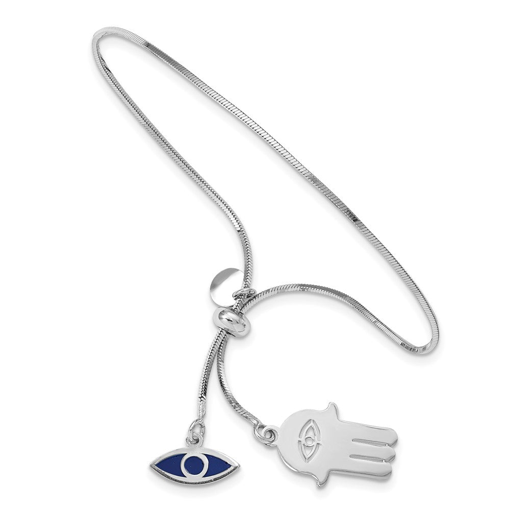 8.5 Zoll Sterlingsilber Rhodiniert Emaille Auge und Hamsa Verstellbar Armband