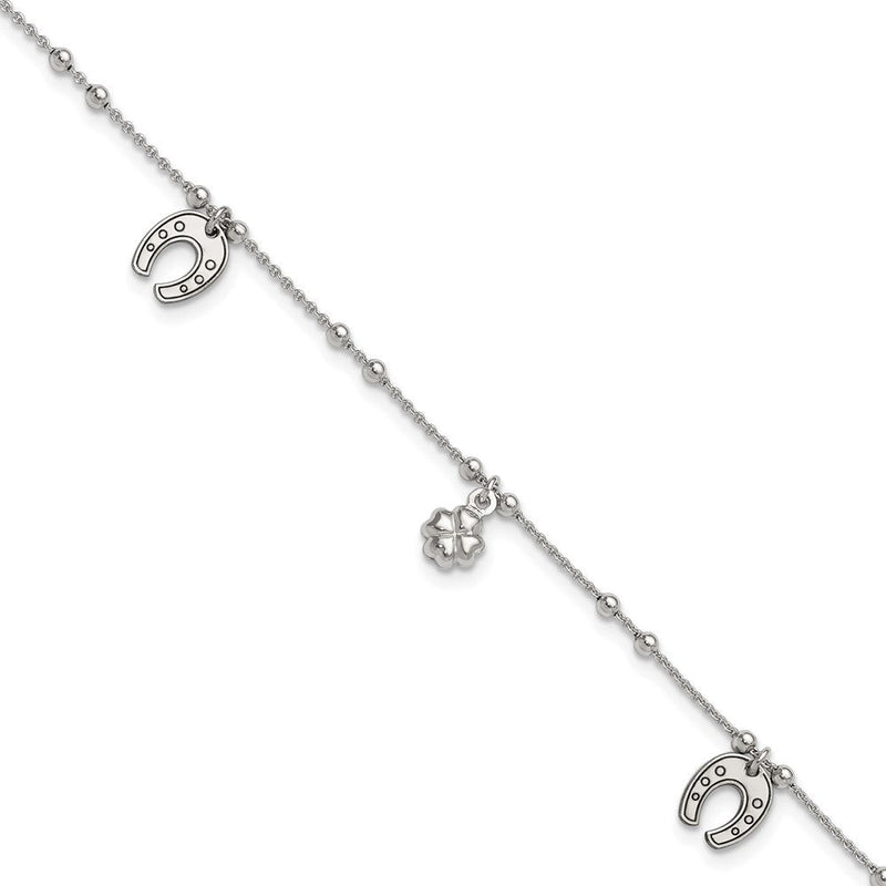 Sterlingsilber Rhodiniert Klee/horseshoe Hängend 9 Zoll mit 1 Zoll Verlängerung Fußkettchen