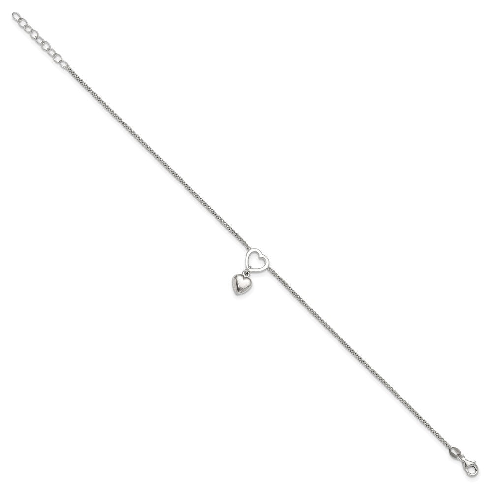 Sterlingsilber Rhodiniert Herz Hängend Charm 9 Zoll mit 1 Zoll Verlängerung Fußkettchen