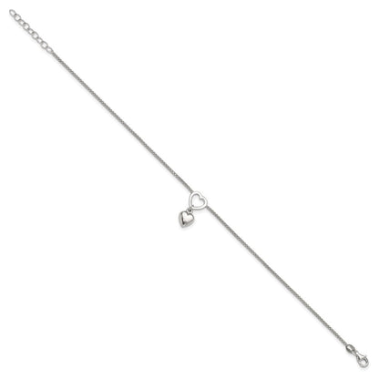Sterlingsilber Rhodiniert Herz Hängend Charm 9 Zoll mit 1 Zoll Verlängerung Fußkettchen