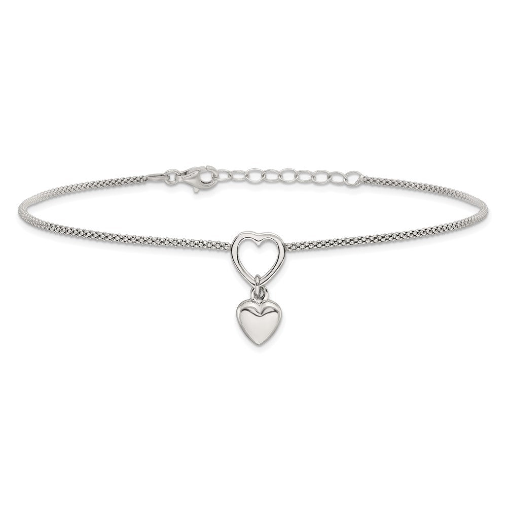 Sterlingsilber Rhodiniert Herz Hängend Charm 9 Zoll mit 1 Zoll Verlängerung Fußkettchen