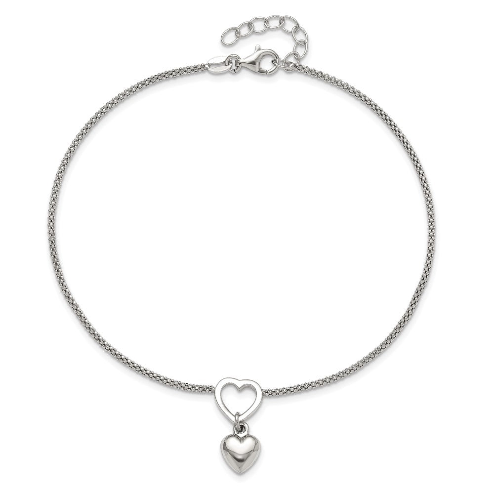 Sterlingsilber Rhodiniert Herz Hängend Charm 9 Zoll mit 1 Zoll Verlängerung Fußkettchen