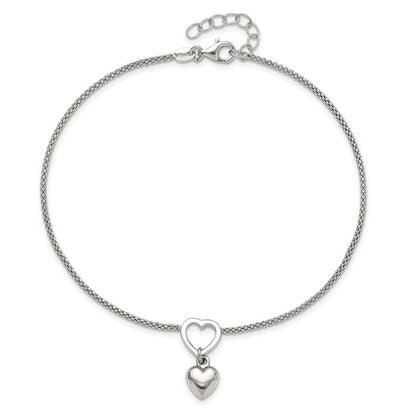 Sterlingsilber Rhodiniert Herz Hängend Charm 9 Zoll mit 1 Zoll Verlängerung Fußkettchen