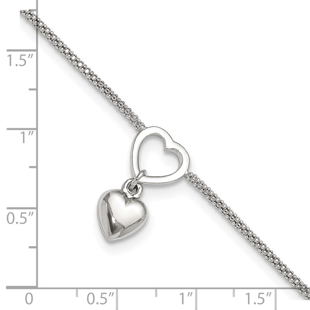 Sterlingsilber Rhodiniert Herz Hängend Charm 9 Zoll mit 1 Zoll Verlängerung Fußkettchen